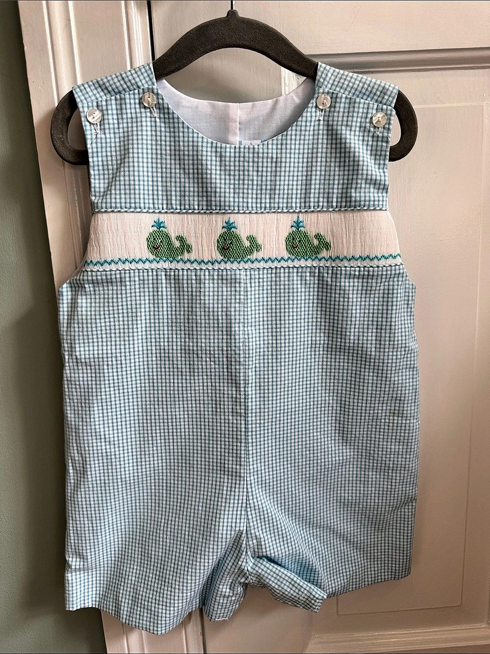 Petit Bebe Gingham Romper Whale Embroidered
